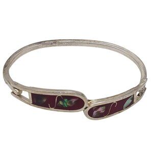 Vintage Mexico Sterling Silver Hinged Bangle Bracelet Inlay Abalone Shell